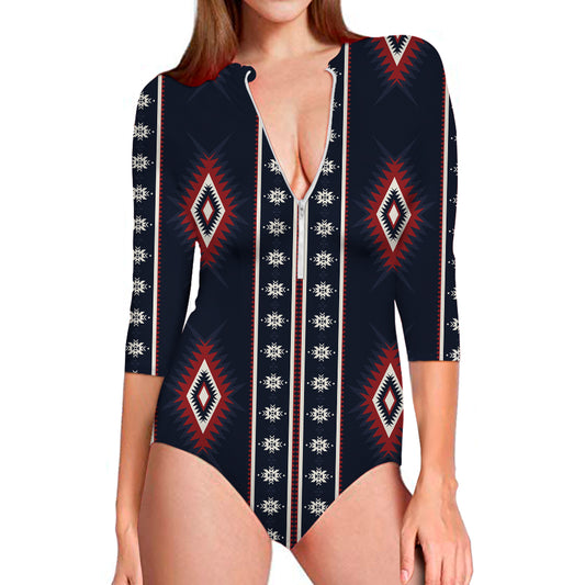 Native Tribal Navajo Pattern Print Long Sleeve Swimsuit