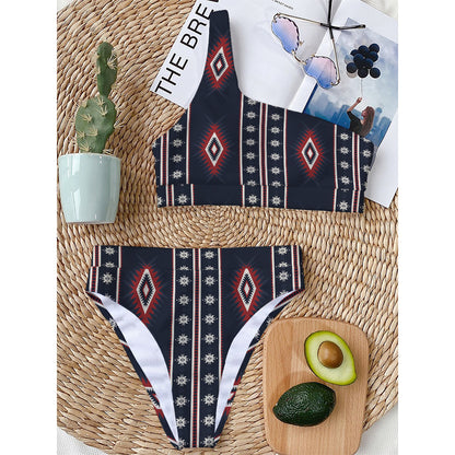 Native Tribal Navajo Pattern Print One Shoulder Bikini Top