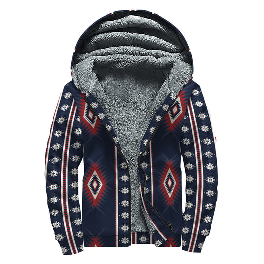 Native Tribal Navajo Pattern Print Sherpa Lined Zip Up Hoodie
