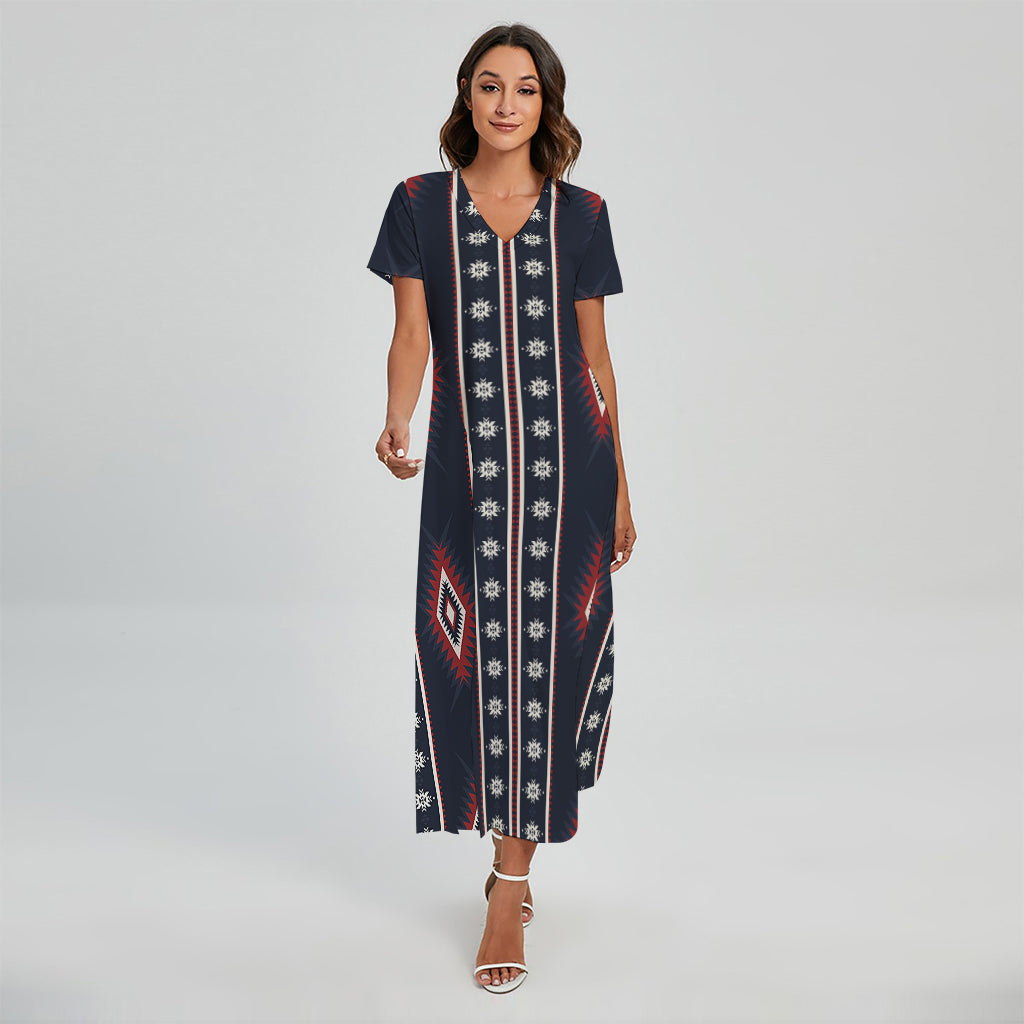 Native Tribal Navajo Pattern Print Short Sleeve Maxi Dress