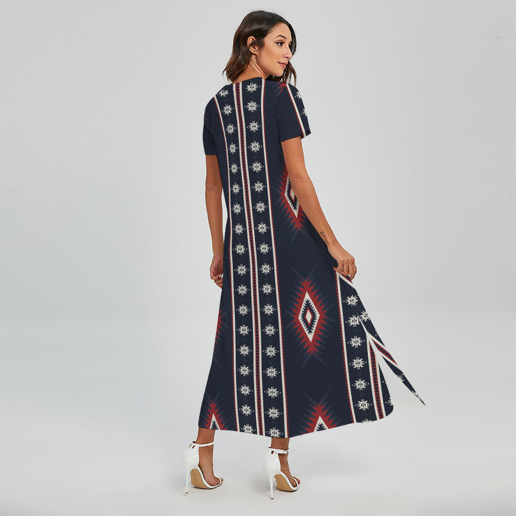 Native Tribal Navajo Pattern Print Short Sleeve Maxi Dress