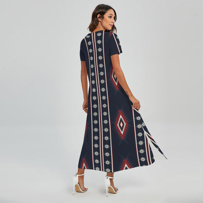 Native Tribal Navajo Pattern Print Short Sleeve Maxi Dress
