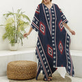 Native Tribal Navajo Pattern Print Silk V-Neck Kaftan Dress