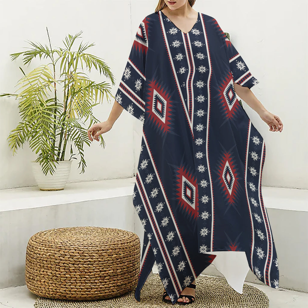 Native Tribal Navajo Pattern Print Silk V-Neck Kaftan Dress