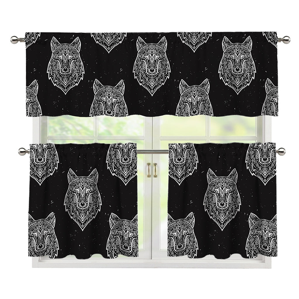 Native Tribal Wolf Pattern Print 3 Piece Kitchen Curtains