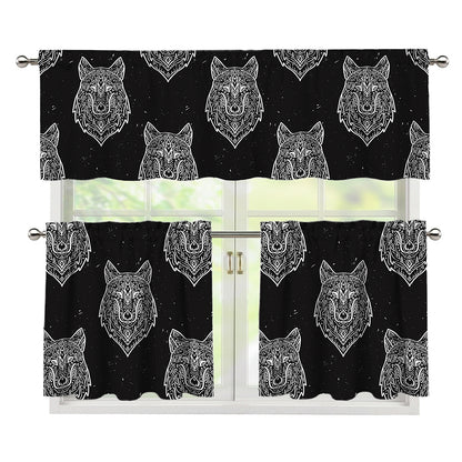 Native Tribal Wolf Pattern Print 3 Piece Kitchen Curtains