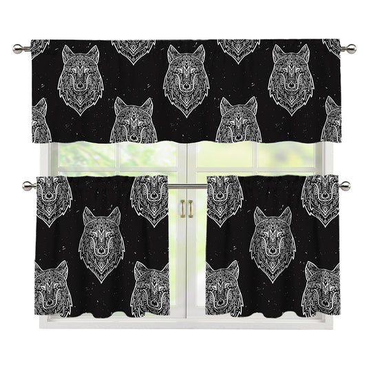 Native Tribal Wolf Pattern Print 3 Piece Kitchen Curtains