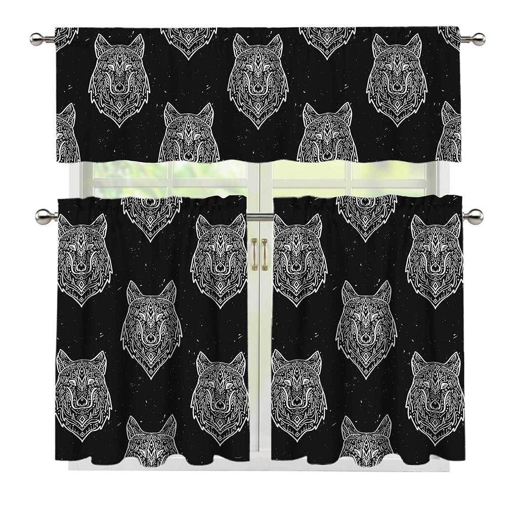 Native Tribal Wolf Pattern Print 3 Piece Kitchen Curtains