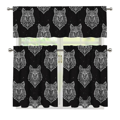 Native Tribal Wolf Pattern Print 3 Piece Kitchen Curtains