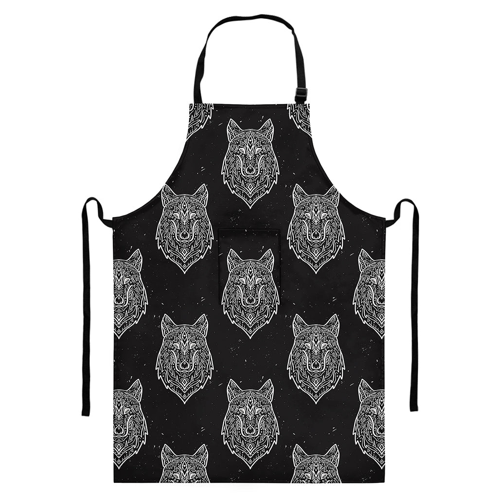 Native Tribal Wolf Pattern Print Bib Apron With Pocket