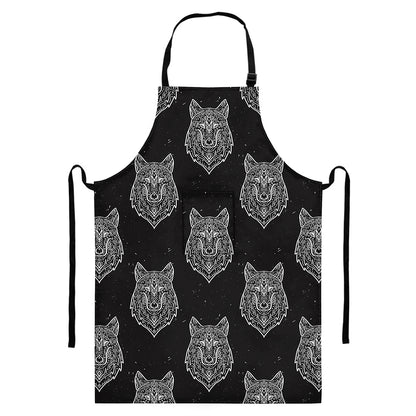 Native Tribal Wolf Pattern Print Bib Apron With Pocket