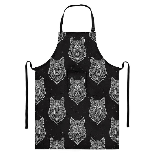 Native Tribal Wolf Pattern Print Bib Apron With Pocket