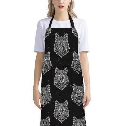 Native Tribal Wolf Pattern Print Bib Apron With Pocket