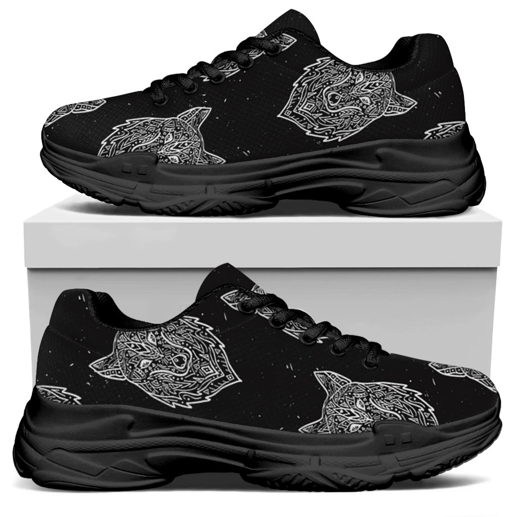 Native Tribal Wolf Pattern Print Black Chunky Shoes