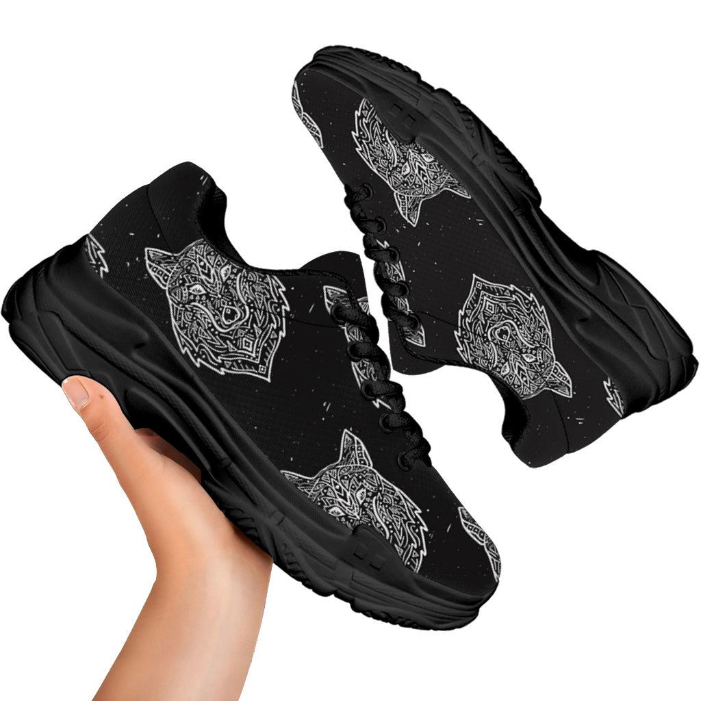 Native Tribal Wolf Pattern Print Black Chunky Shoes