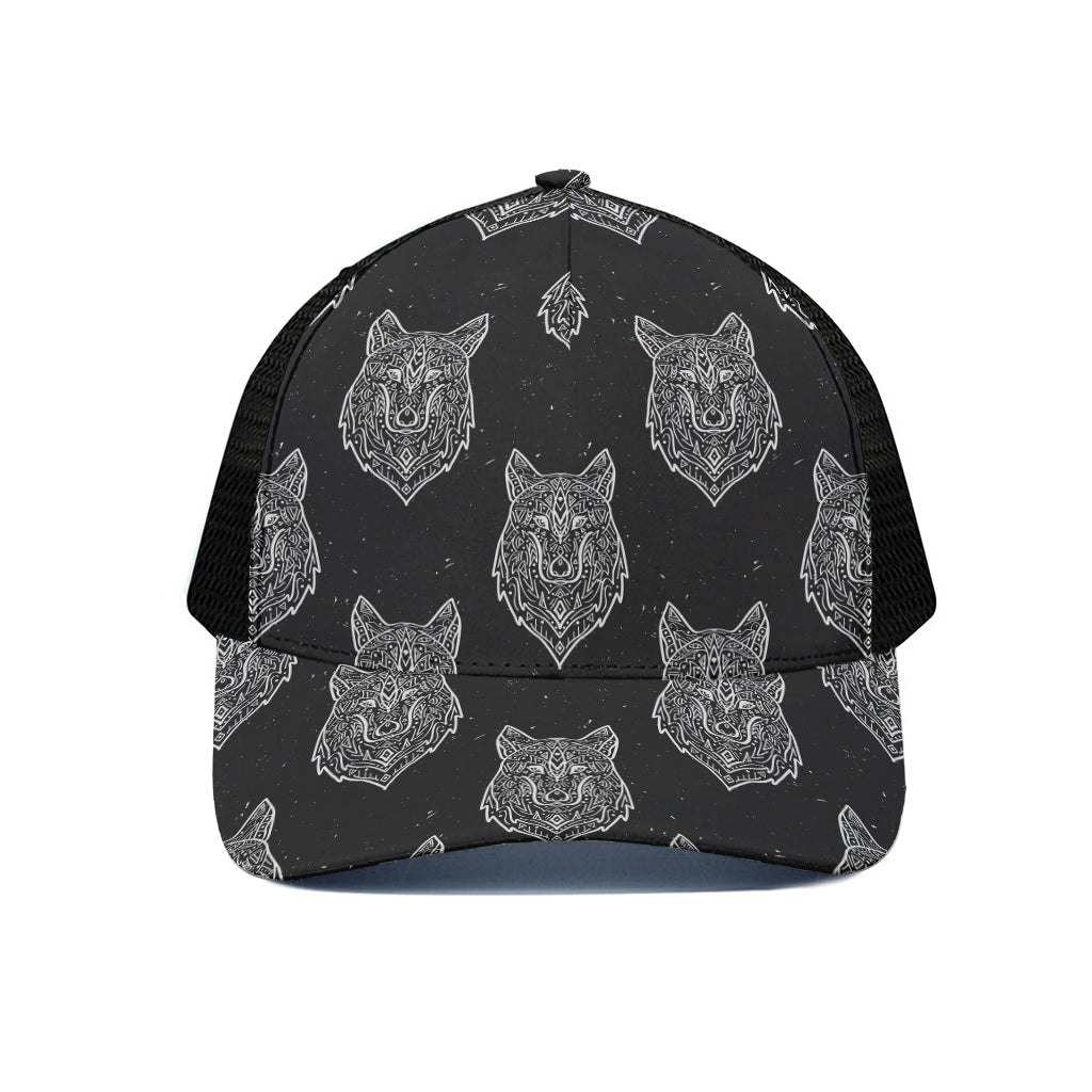 Native Tribal Wolf Pattern Print Black Mesh Trucker Cap