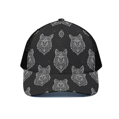 Native Tribal Wolf Pattern Print Black Mesh Trucker Cap