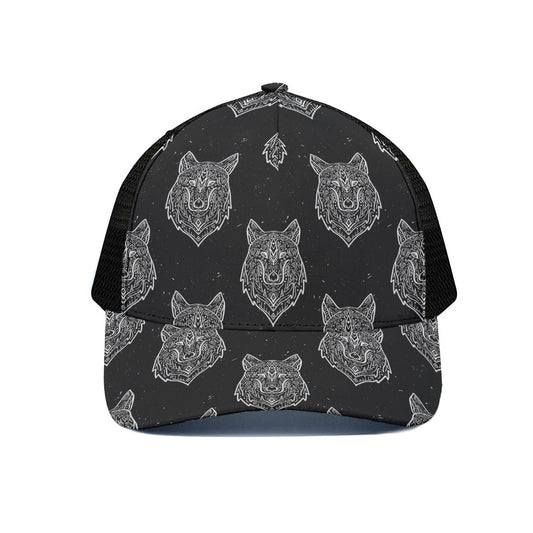Native Tribal Wolf Pattern Print Black Mesh Trucker Cap