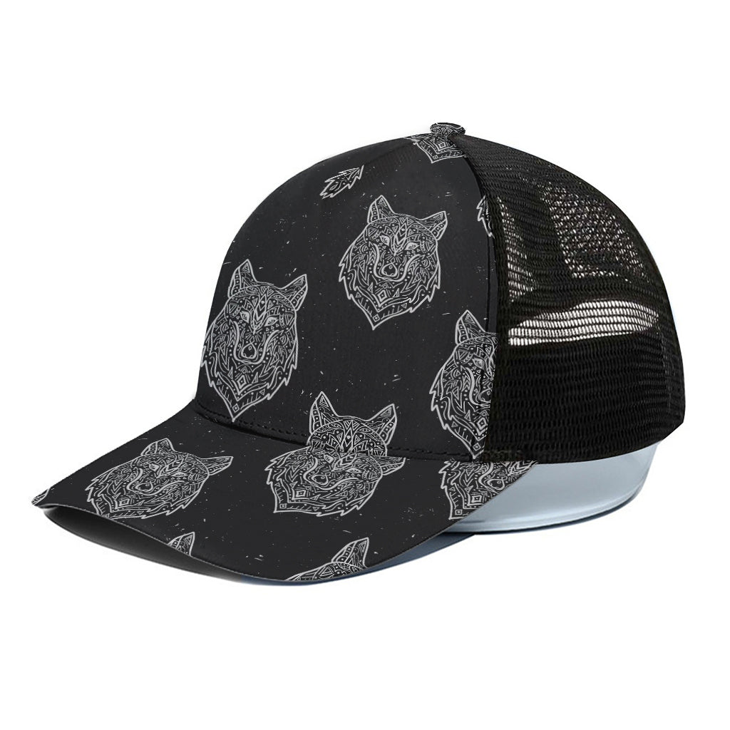 Native Tribal Wolf Pattern Print Black Mesh Trucker Cap