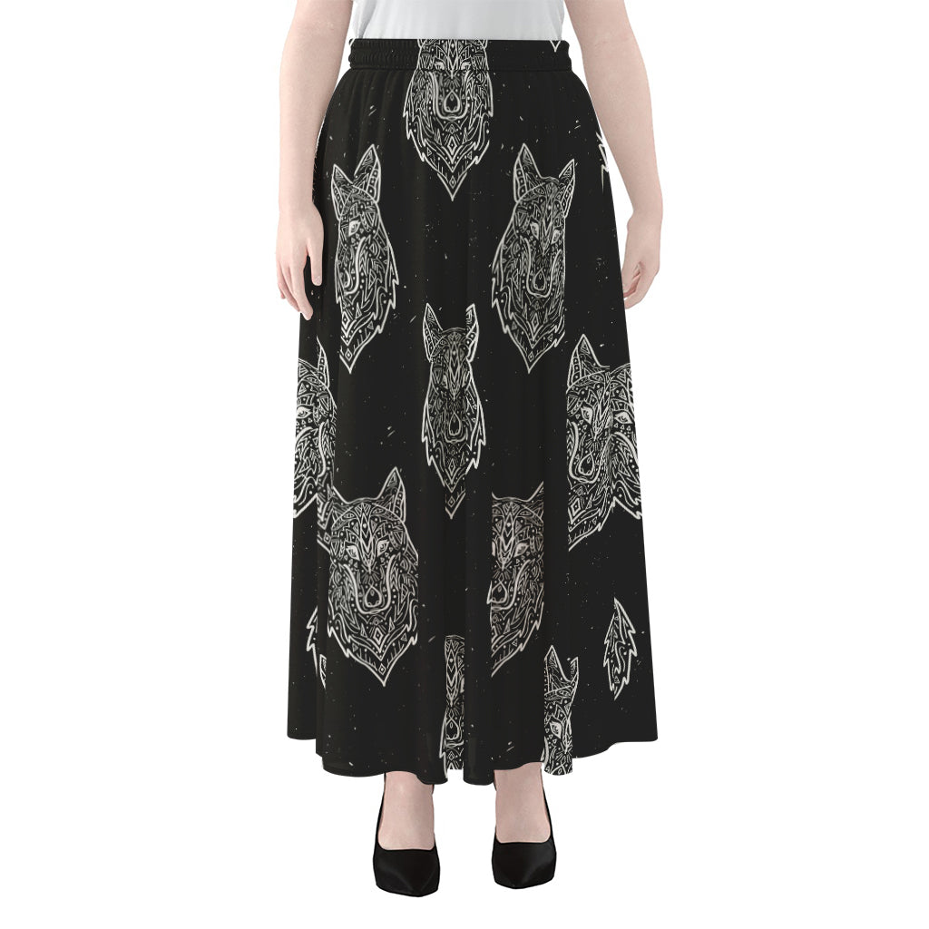 Native Tribal Wolf Pattern Print Chiffon Maxi Skirt