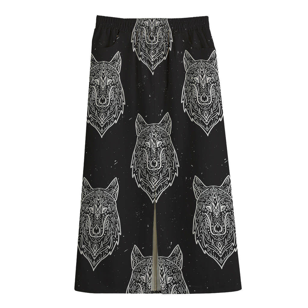 Native Tribal Wolf Pattern Print Cotton Front Slit Maxi Skirt