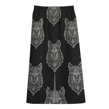 Native Tribal Wolf Pattern Print Cotton Front Slit Maxi Skirt