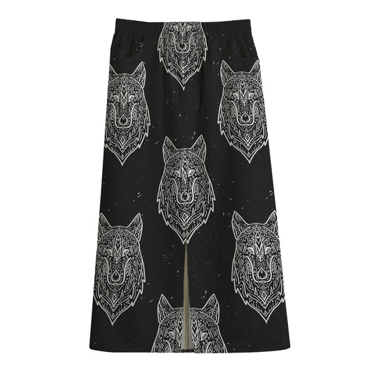 Native Tribal Wolf Pattern Print Cotton Front Slit Maxi Skirt