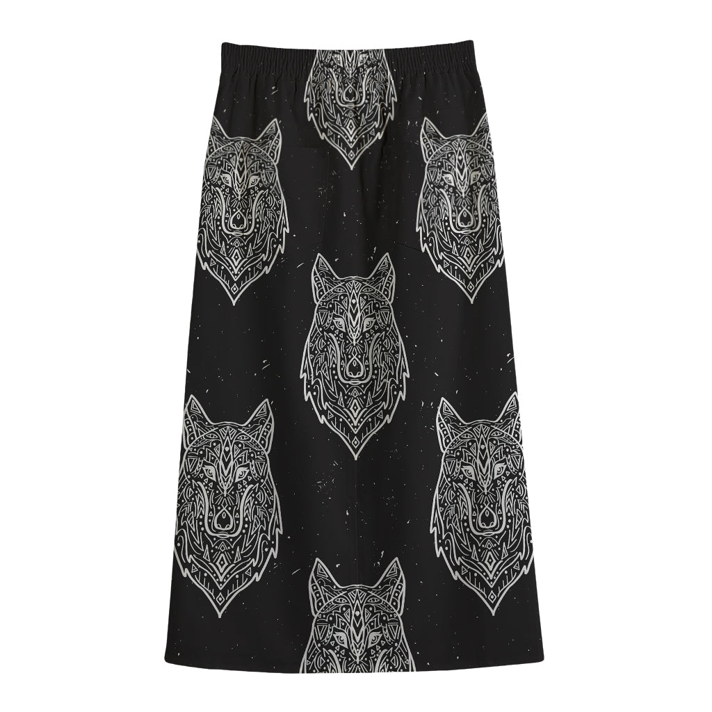 Native Tribal Wolf Pattern Print Cotton Front Slit Maxi Skirt