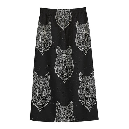 Native Tribal Wolf Pattern Print Cotton Front Slit Maxi Skirt