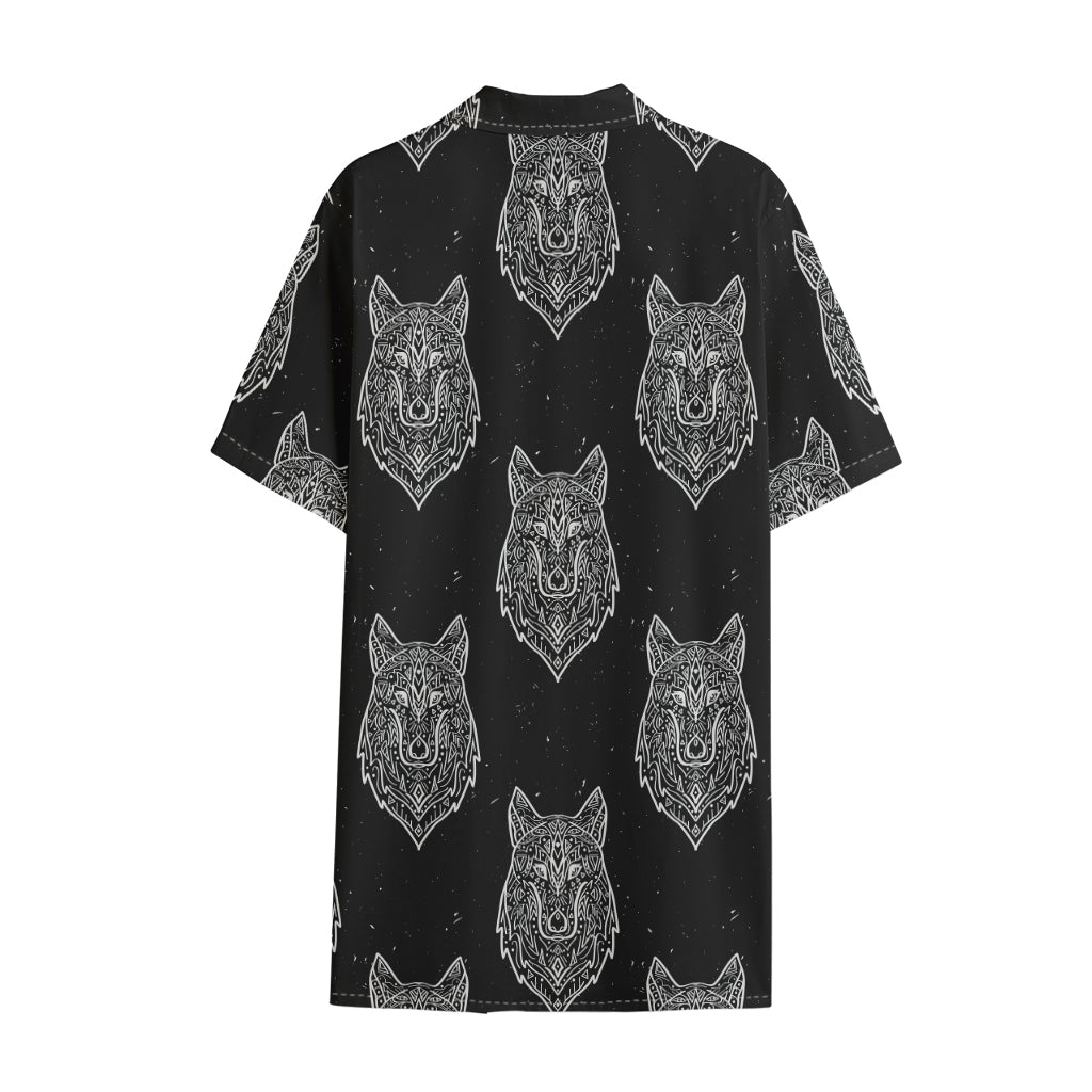 Native Tribal Wolf Pattern Print Cotton Hawaiian Shirt