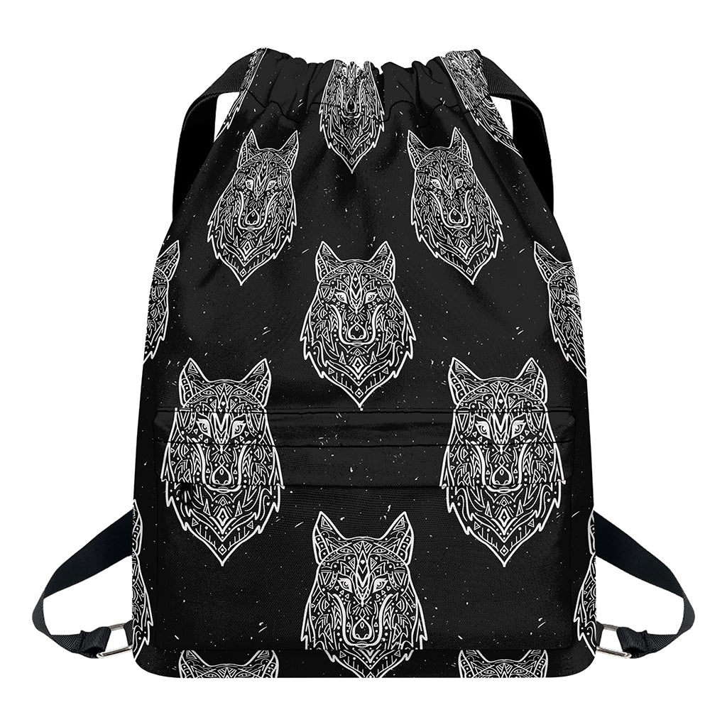 Native Tribal Wolf Pattern Print Drawstring Backpack
