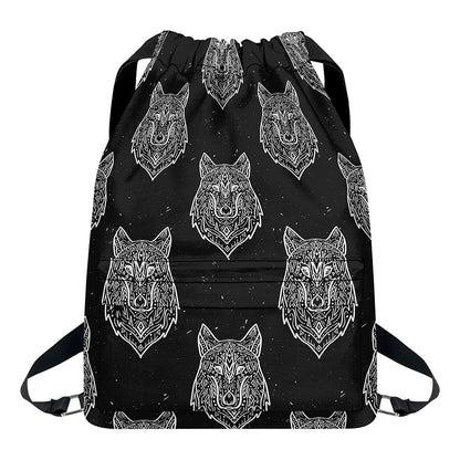Native Tribal Wolf Pattern Print Drawstring Backpack