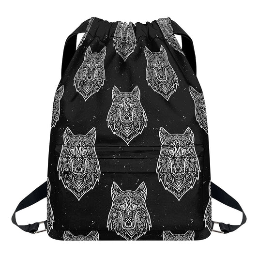 Native Tribal Wolf Pattern Print Drawstring Backpack