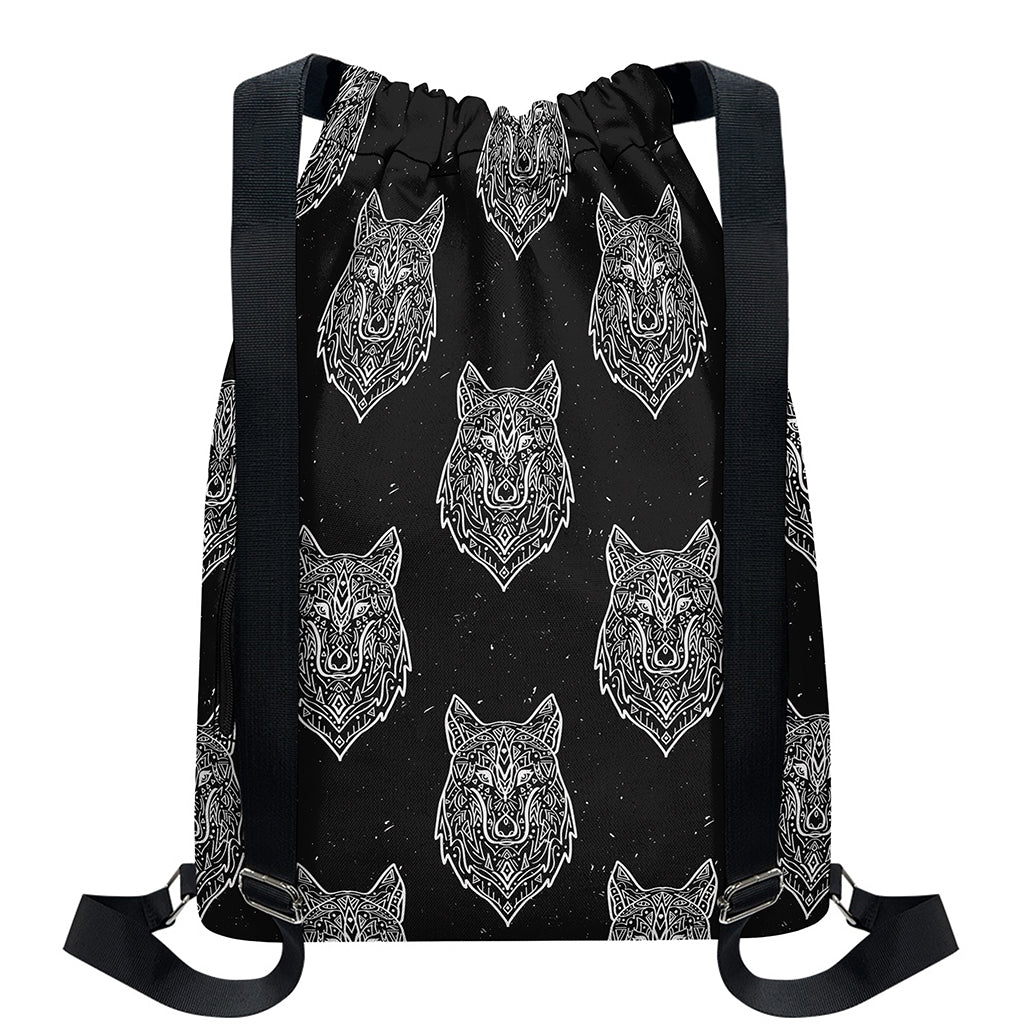 Native Tribal Wolf Pattern Print Drawstring Backpack