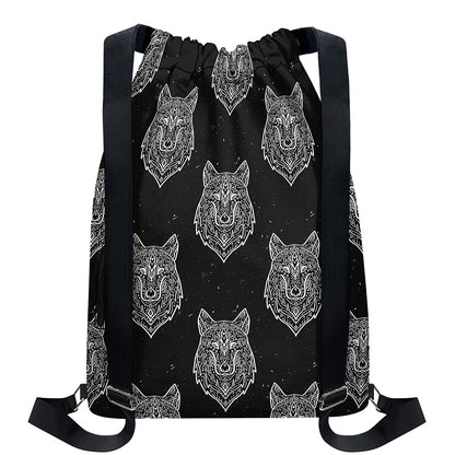 Native Tribal Wolf Pattern Print Drawstring Backpack