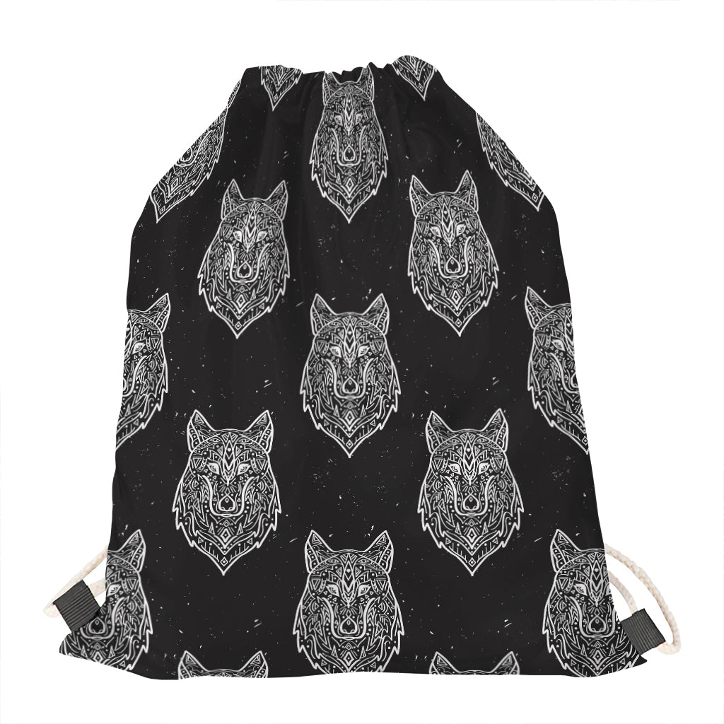 Native Tribal Wolf Pattern Print Drawstring Bag