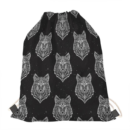 Native Tribal Wolf Pattern Print Drawstring Bag