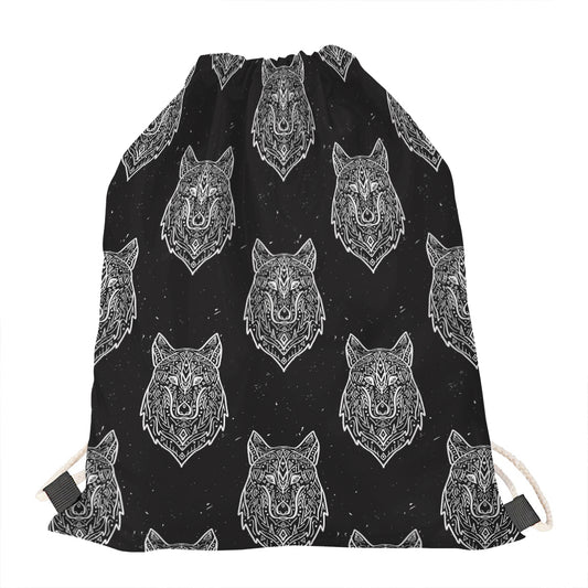 Native Tribal Wolf Pattern Print Drawstring Bag