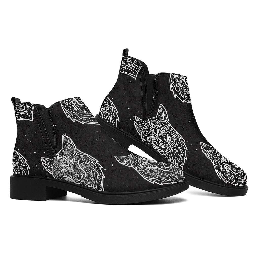 Native Tribal Wolf Pattern Print Flat Ankle Boots