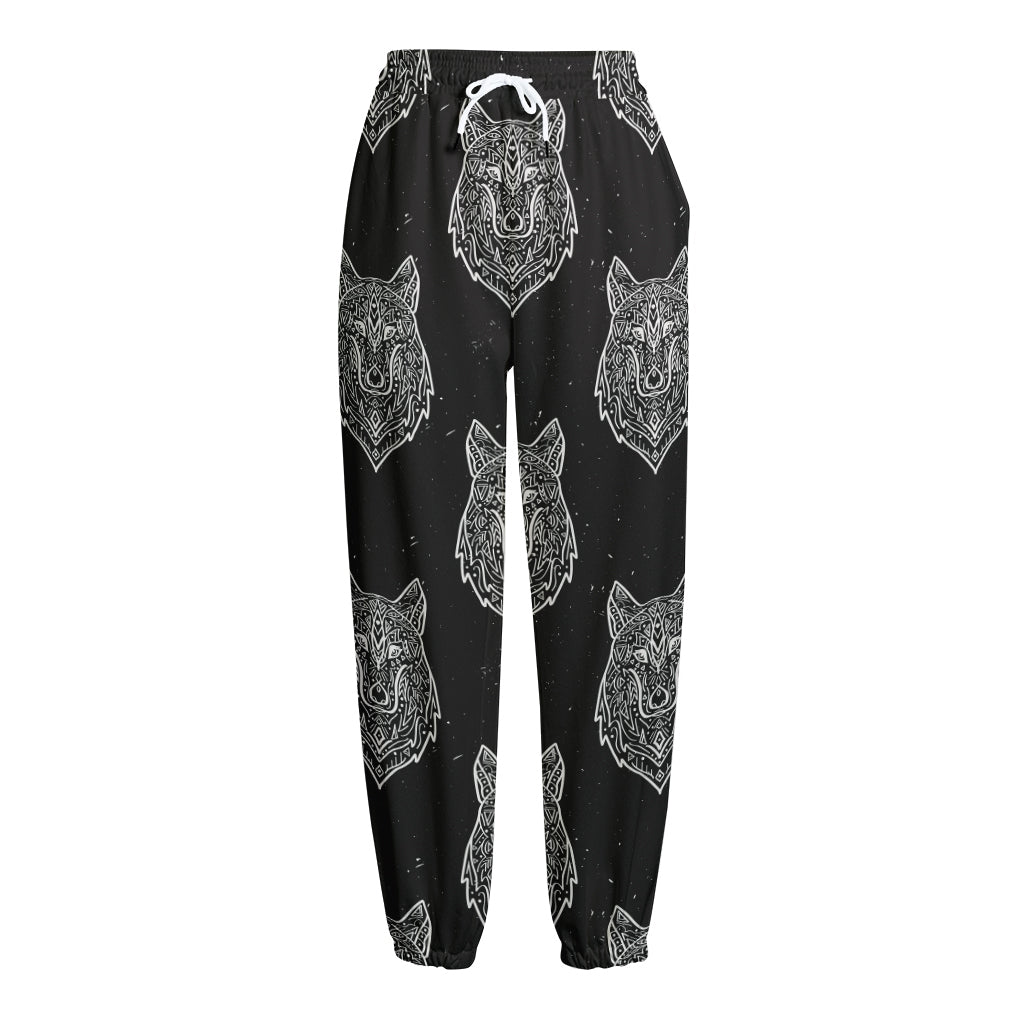 Native Tribal Wolf Pattern Print Fleece Lined Knit Pants