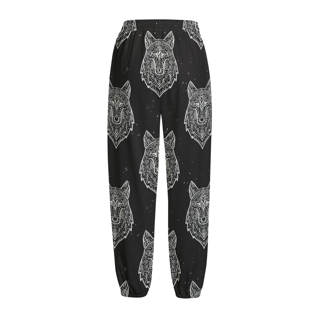 Native Tribal Wolf Pattern Print Fleece Lined Knit Pants