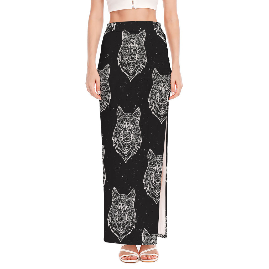 Native Tribal Wolf Pattern Print High Slit Maxi Skirt