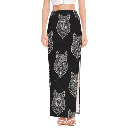 Native Tribal Wolf Pattern Print High Slit Maxi Skirt