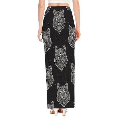 Native Tribal Wolf Pattern Print High Slit Maxi Skirt