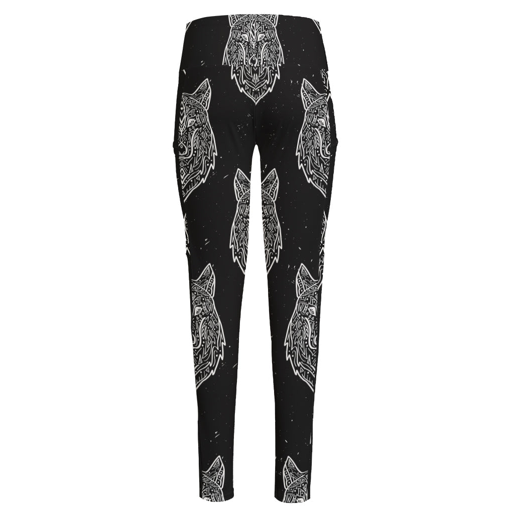 Native Tribal Wolf Pattern Print High-Waisted Pocket Leggings