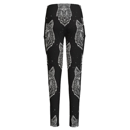 Native Tribal Wolf Pattern Print High-Waisted Pocket Leggings