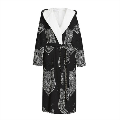 Native Tribal Wolf Pattern Print Hooded Bathrobe
