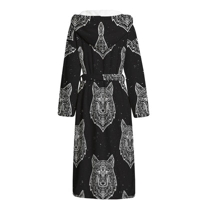 Native Tribal Wolf Pattern Print Hooded Bathrobe