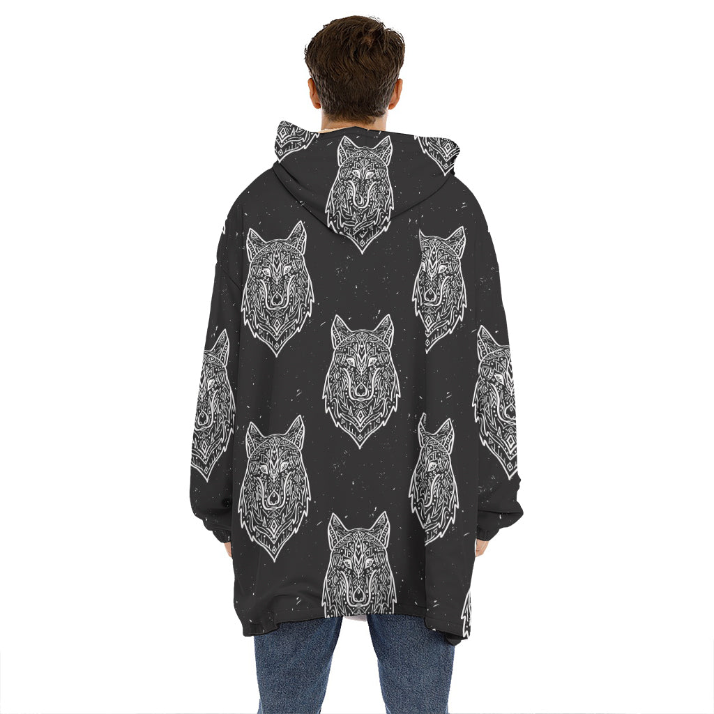 Native Tribal Wolf Pattern Print Hoodie Blanket