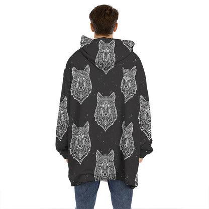 Native Tribal Wolf Pattern Print Hoodie Blanket